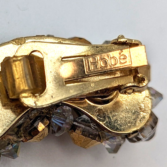 Hobe Gold Beaded AB Aurora Borealis Crystal Crescent Earrings Signed Vintage - Picture 4 of 10